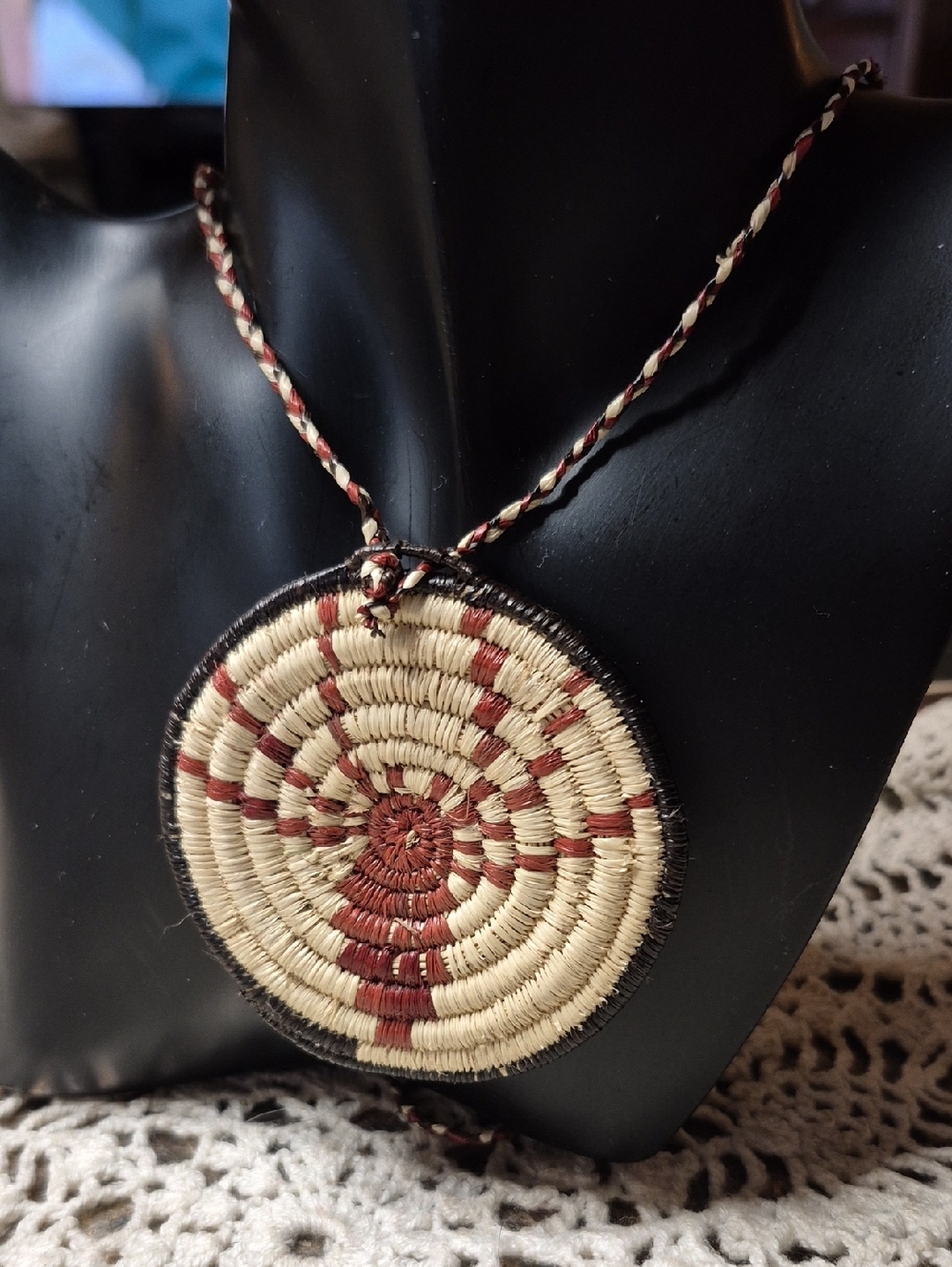 Handwoven Round Pendant Necklace - Natural & Rust